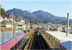 富士山の白い山頂部が覗いている