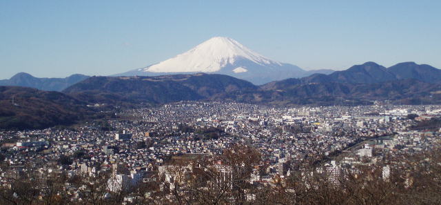 権現山から秦野市街と白銀の富士山を望む