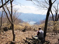 ミツバ岳の山頂部から丹沢湖を見下ろす